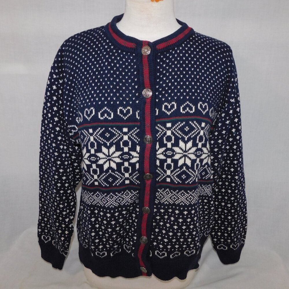 VTG Willow Ridge Blue White Fair Isle Snowflake knit Cardigan Sweater Women L